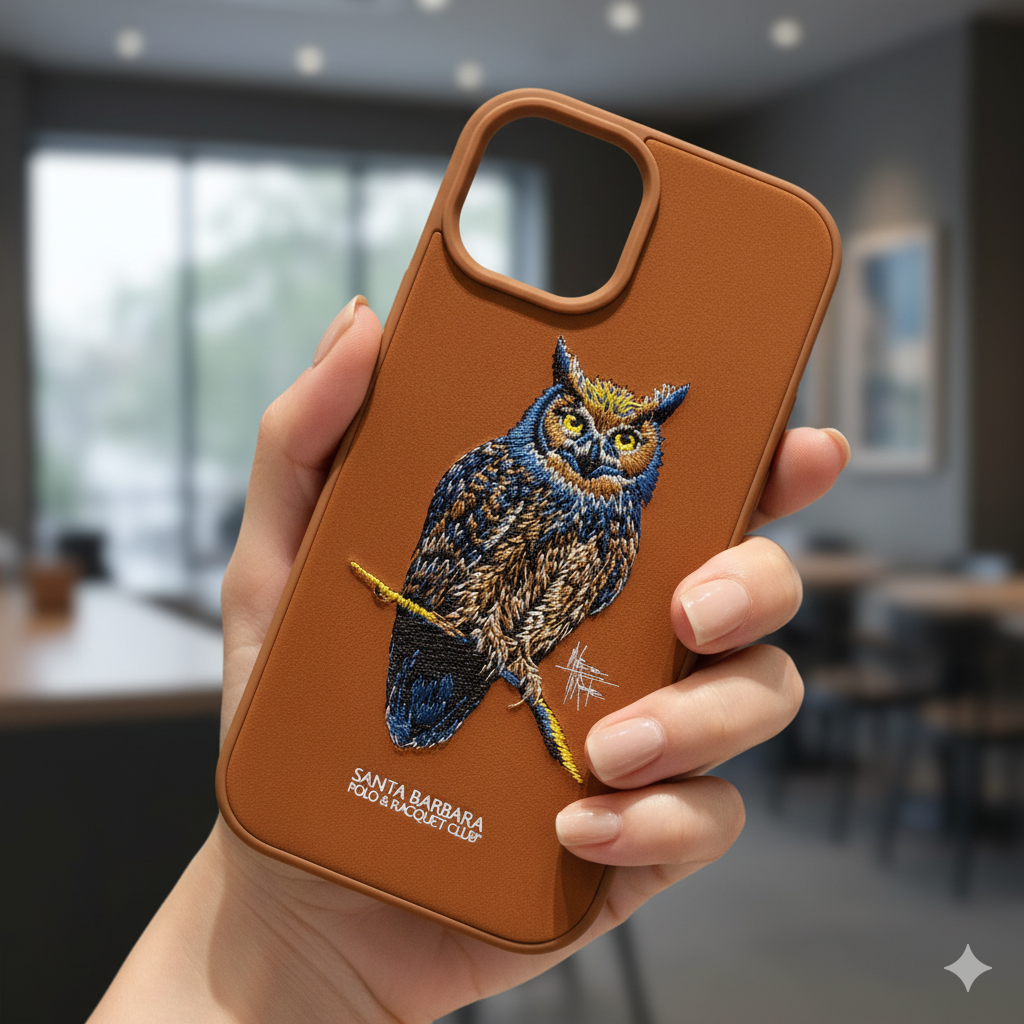 iPhone 15 Designer Embroidered Owl Back Cover – Stylish & Durable Protection