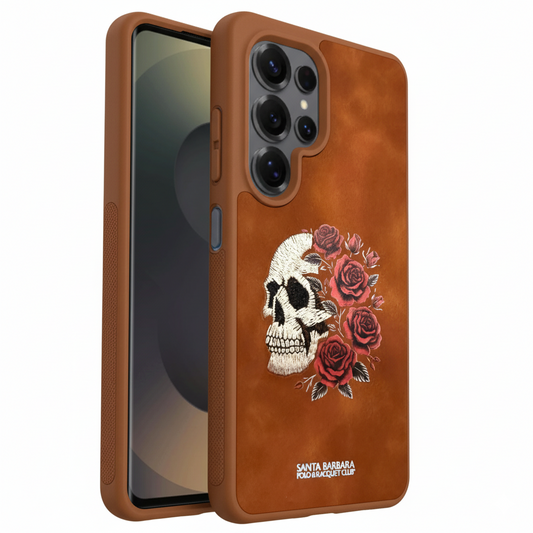 Samsung S25 Ultra Vintage Brown Skull Art Case – Luxury Leather Floral Embroidered Cover