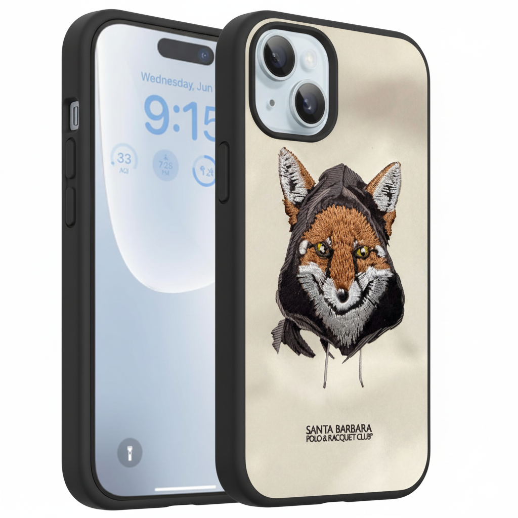 iPhone 15 Designer Case with 3D Embroidered Fox | Soft Silicone Finish