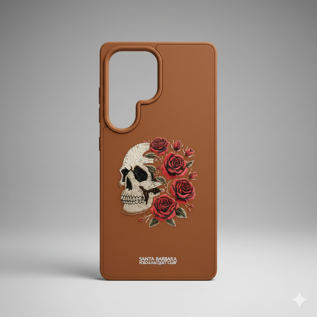 Samsung S25 Ultra Vintage Brown Skull Art Case – Luxury Leather Floral Embroidered Cover