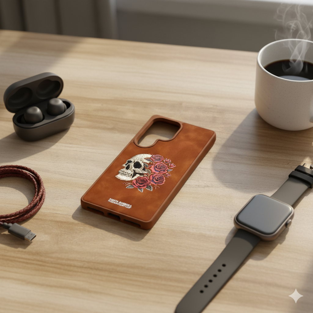 Samsung S25 Ultra Vintage Brown Skull Art Case – Luxury Leather Floral Embroidered Cover