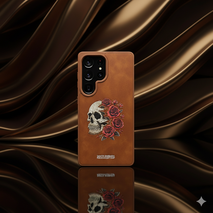Samsung S25 Ultra Vintage Brown Skull Art Case – Luxury Leather Floral Embroidered Cover