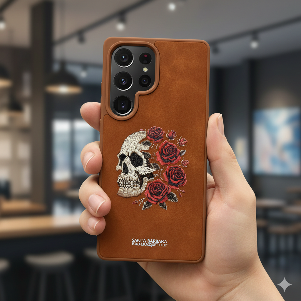 Samsung S25 Ultra Vintage Brown Skull Art Case – Luxury Leather Floral Embroidered Cover