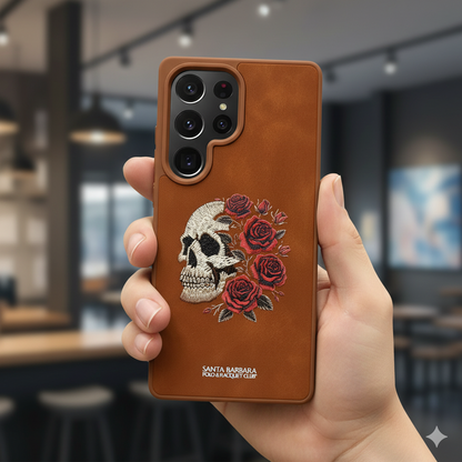 Samsung S25 Ultra Vintage Brown Skull Art Case – Luxury Leather Floral Embroidered Cover