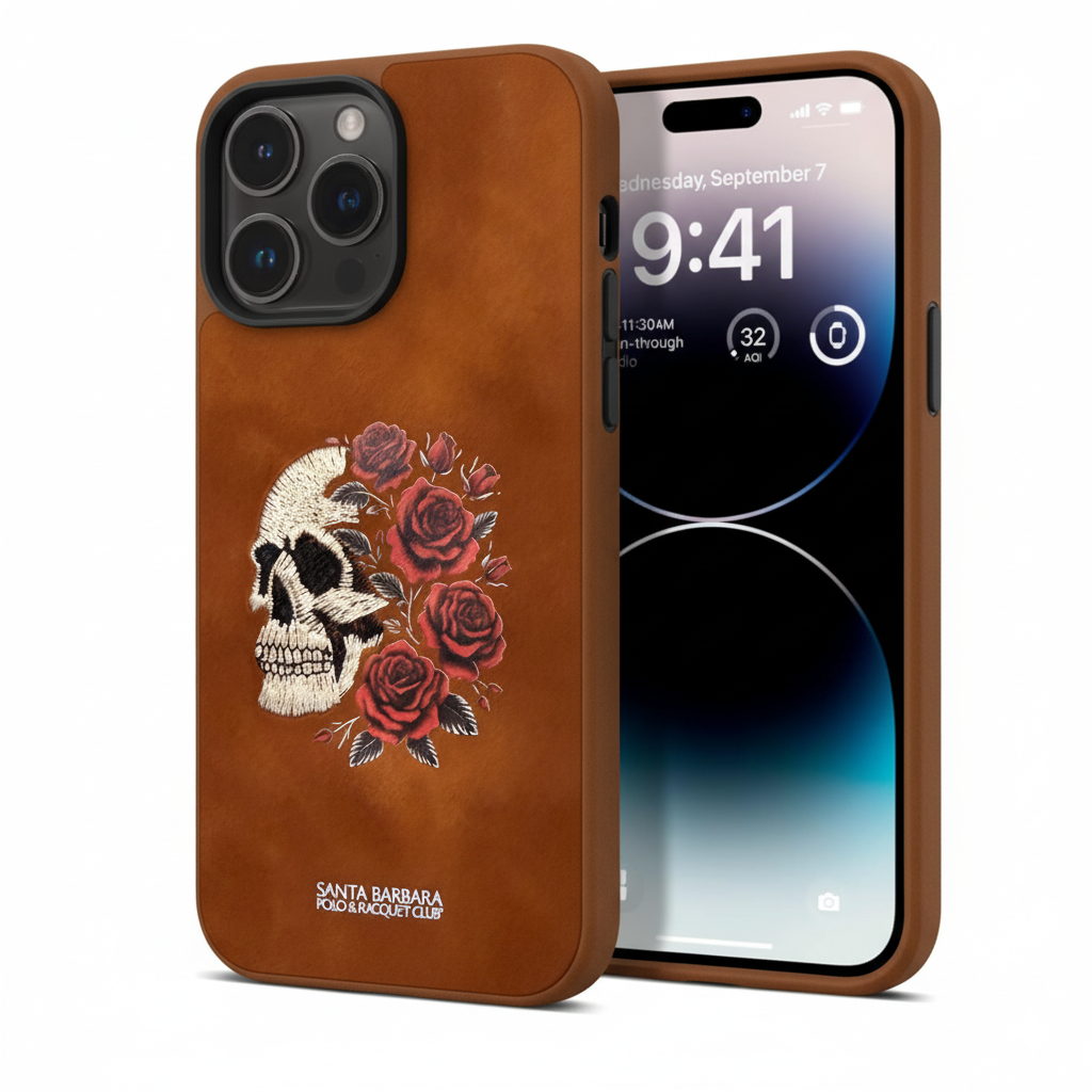 iPhone 14 Pro Max Premium Embroidered Skull Case – Shockproof Brown Leather Cover