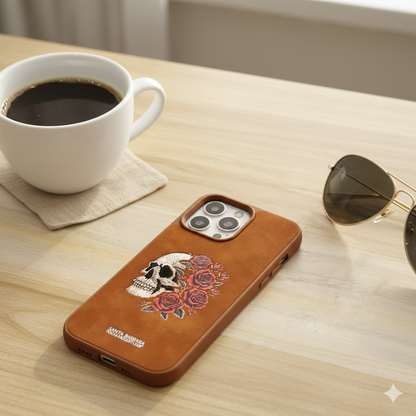 iPhone 14 Pro Max Premium Embroidered Skull Case – Shockproof Brown Leather Cover
