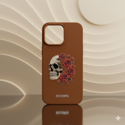 iPhone 14 Pro Max Premium Embroidered Skull Case – Shockproof Brown Leather Cover