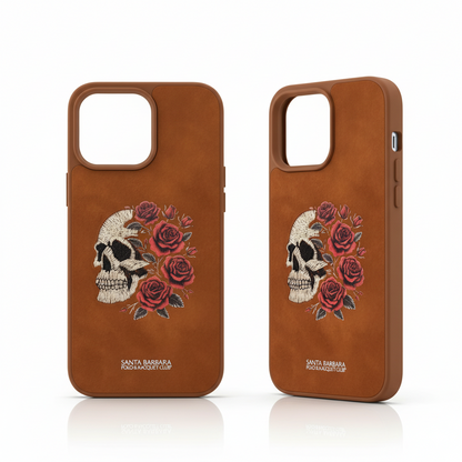 iPhone 14 Pro Max Premium Embroidered Skull Case – Shockproof Brown Leather Cover