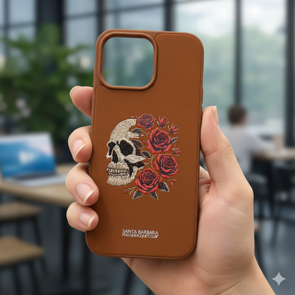 iPhone 14 Pro Max Premium Embroidered Skull Case – Shockproof Brown Leather Cover
