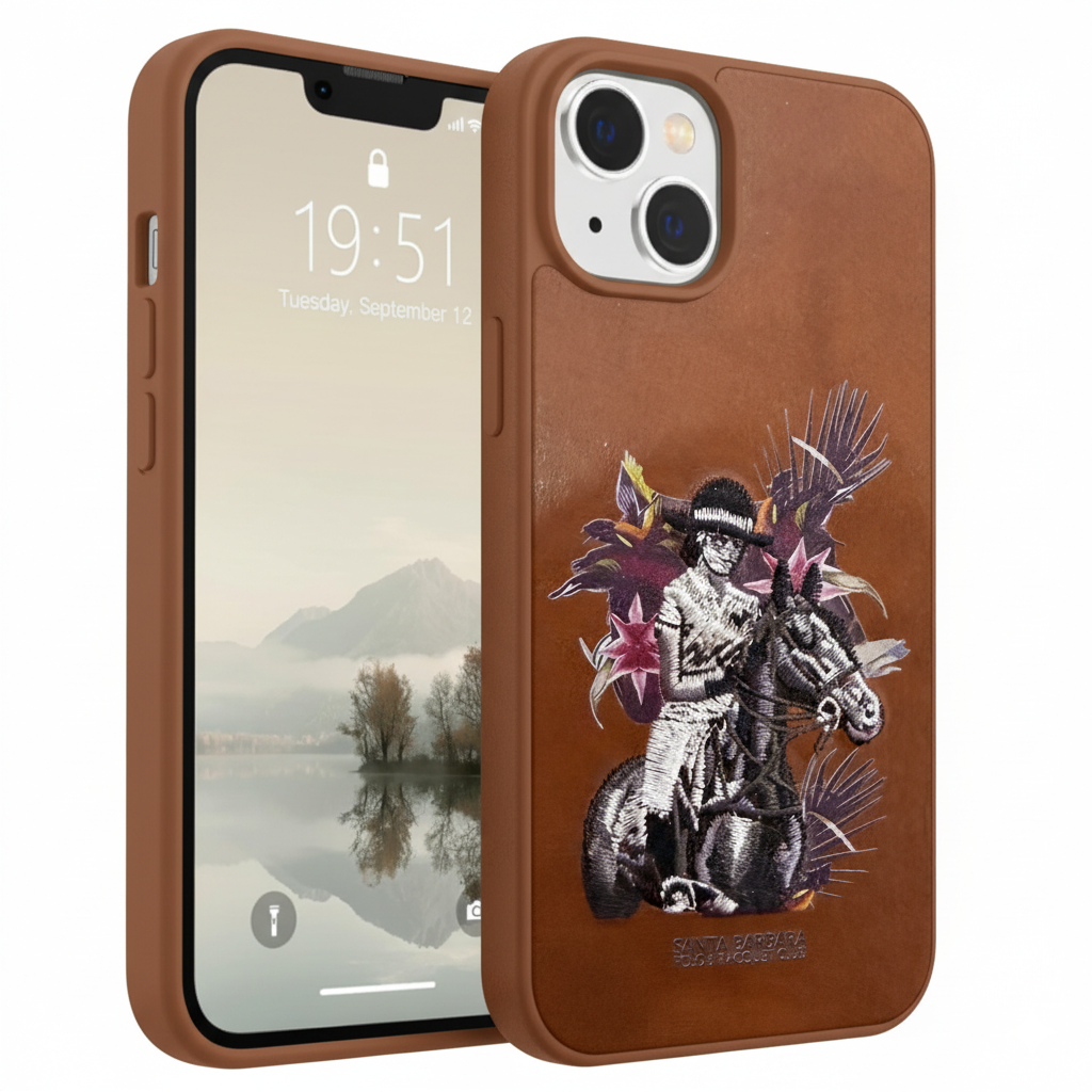 iPhone 15 Plus Premium Embroidered Horse Rider Back Cover – Luxury Leather Finish Case