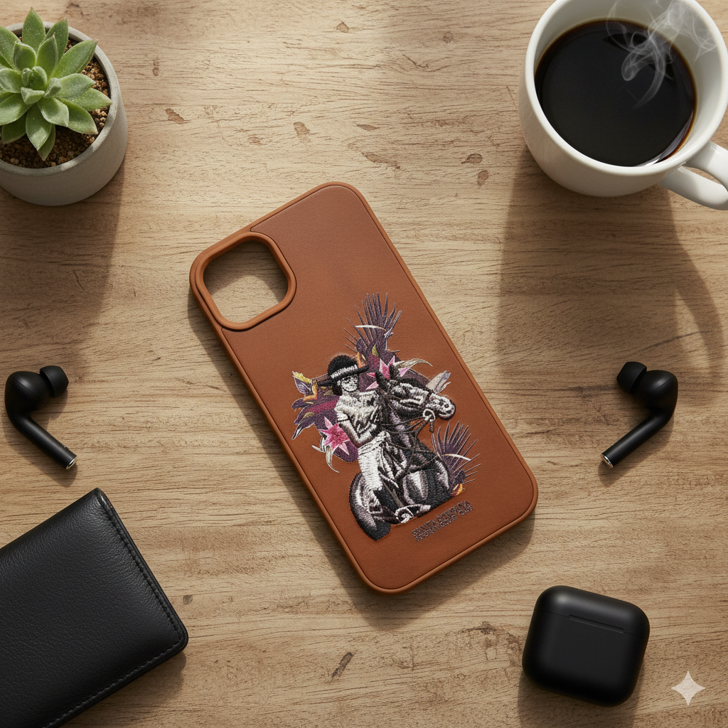 iPhone 15 Plus Premium Embroidered Horse Rider Back Cover – Luxury Leather Finish Case