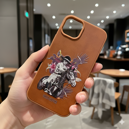 iPhone 15 Plus Premium Embroidered Horse Rider Back Cover – Luxury Leather Finish Case