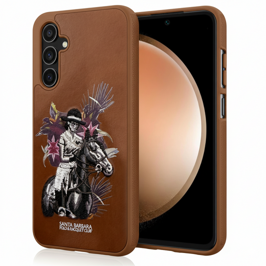 Samsung S23 FE Brown Leather Case – Premium Embroidered Horse Rider Design
