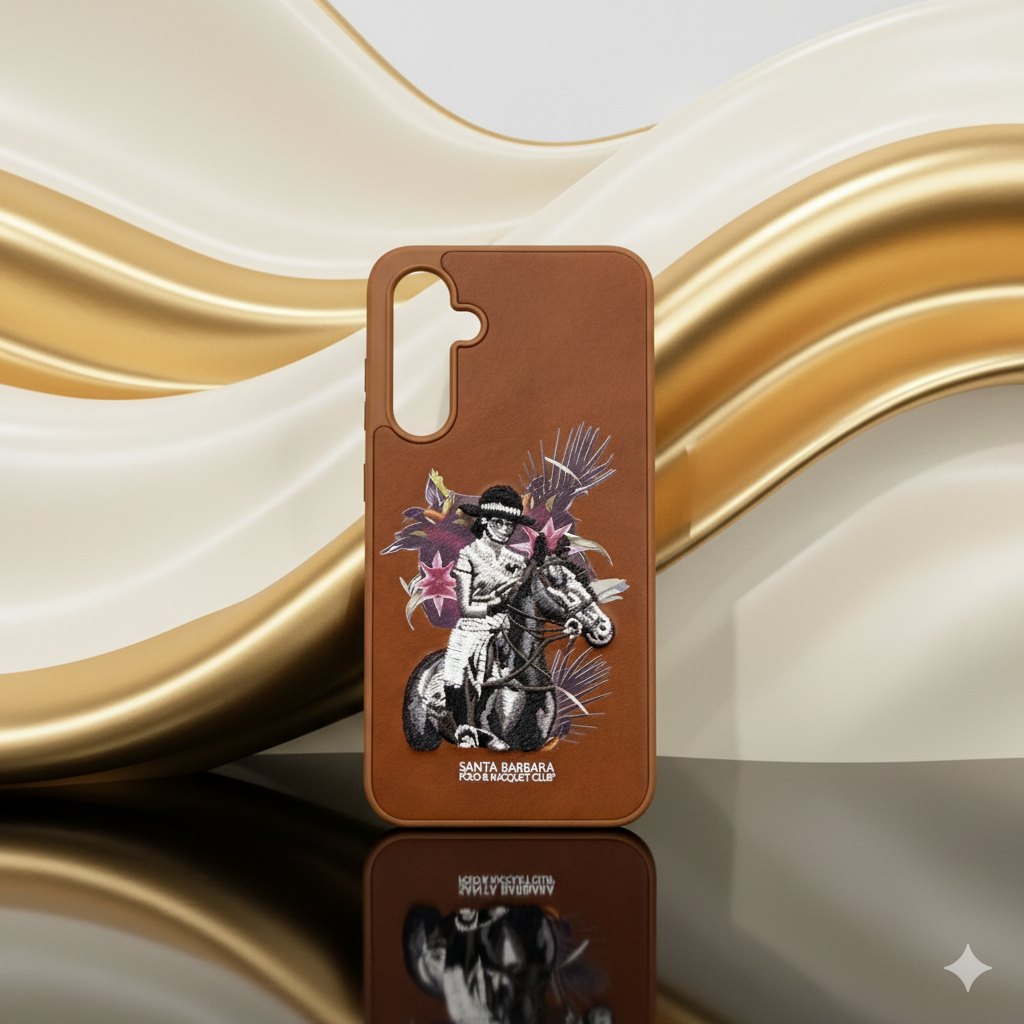 Samsung S23 FE Brown Leather Case – Premium Embroidered Horse Rider Design