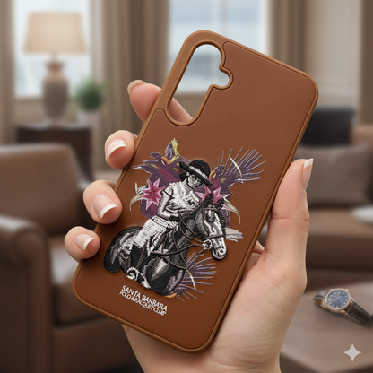 Samsung S23 FE Brown Leather Case – Premium Embroidered Horse Rider Design