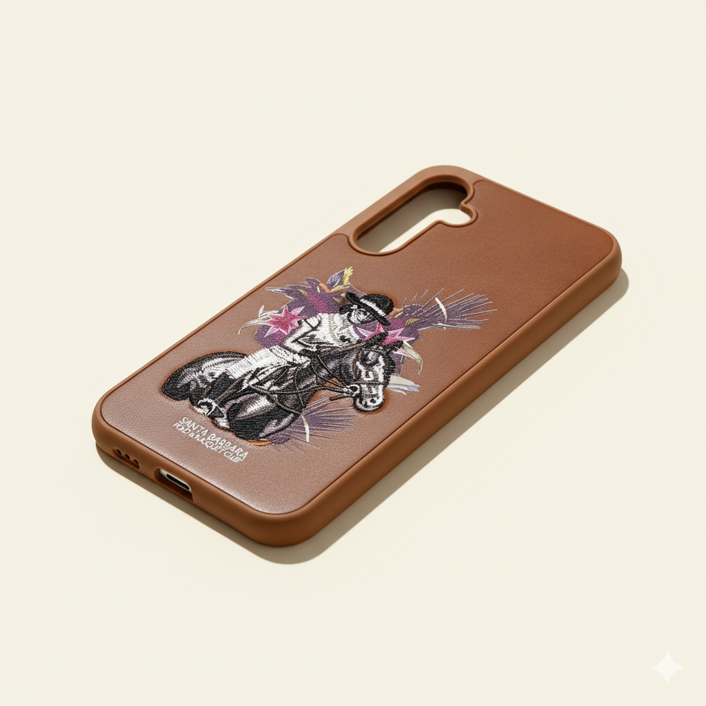 Samsung S23 FE Brown Leather Case – Premium Embroidered Horse Rider Design