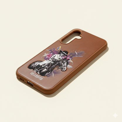 Samsung S23 FE Brown Leather Case – Premium Embroidered Horse Rider Design