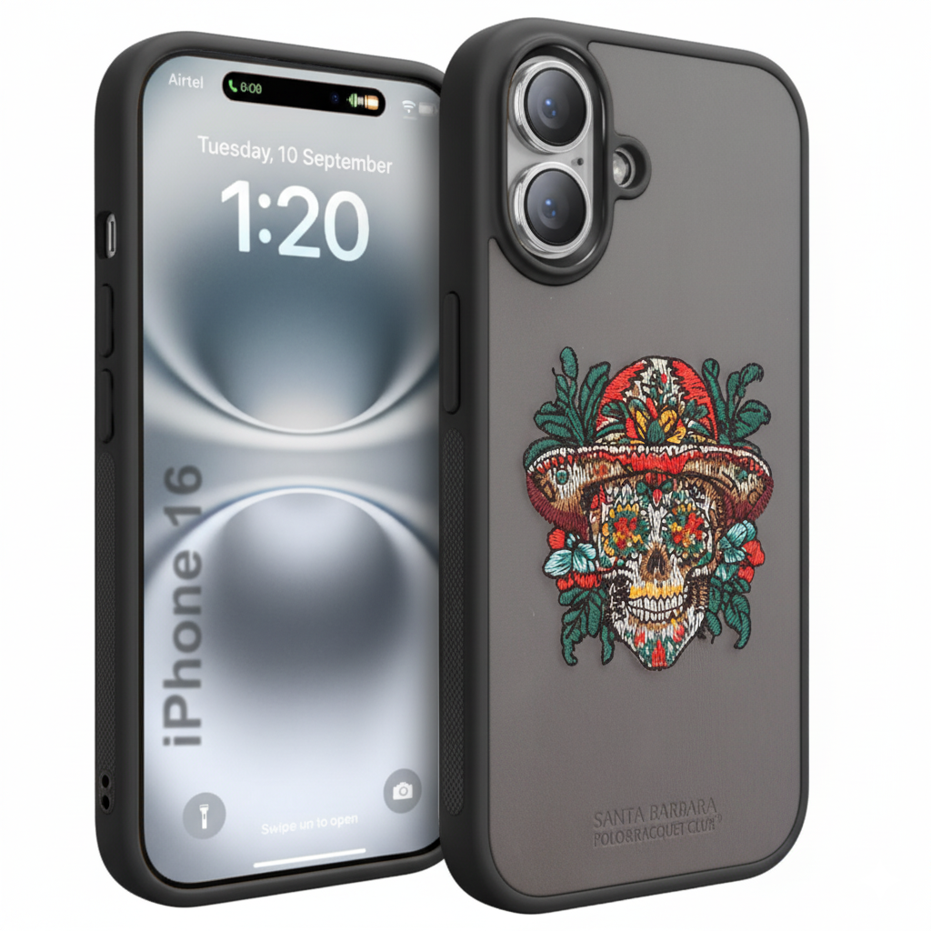 iPhone 16 Premium Embroidered Skull Back Cover – Luxury Floral Design Case
