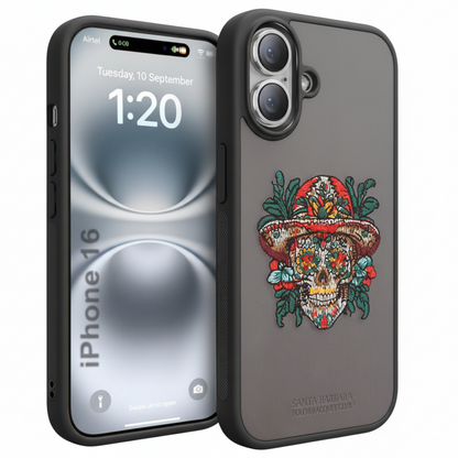 iPhone 16 Premium Embroidered Skull Back Cover – Luxury Floral Design Case