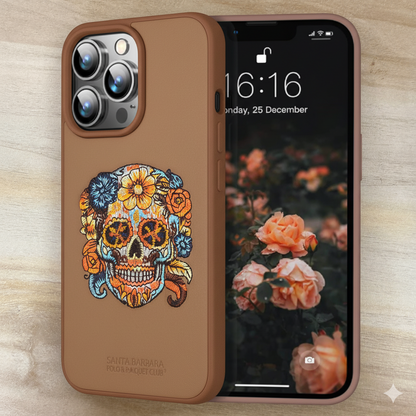 iPhone 13 Pro Premium Embroidered Skull Back Cover – Luxury Floral Design Case