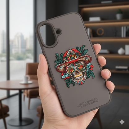 iPhone 16 Premium Embroidered Skull Back Cover – Luxury Floral Design Case