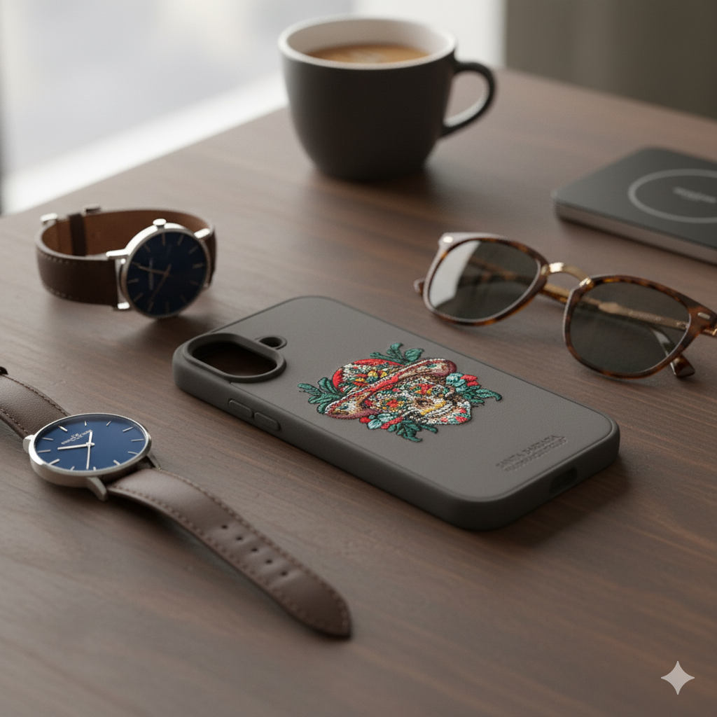 iPhone 16 Premium Embroidered Skull Back Cover – Luxury Floral Design Case