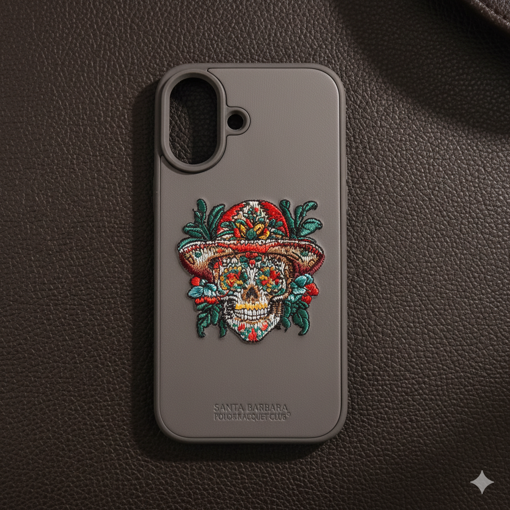 iPhone 16 Premium Embroidered Skull Back Cover – Luxury Floral Design Case