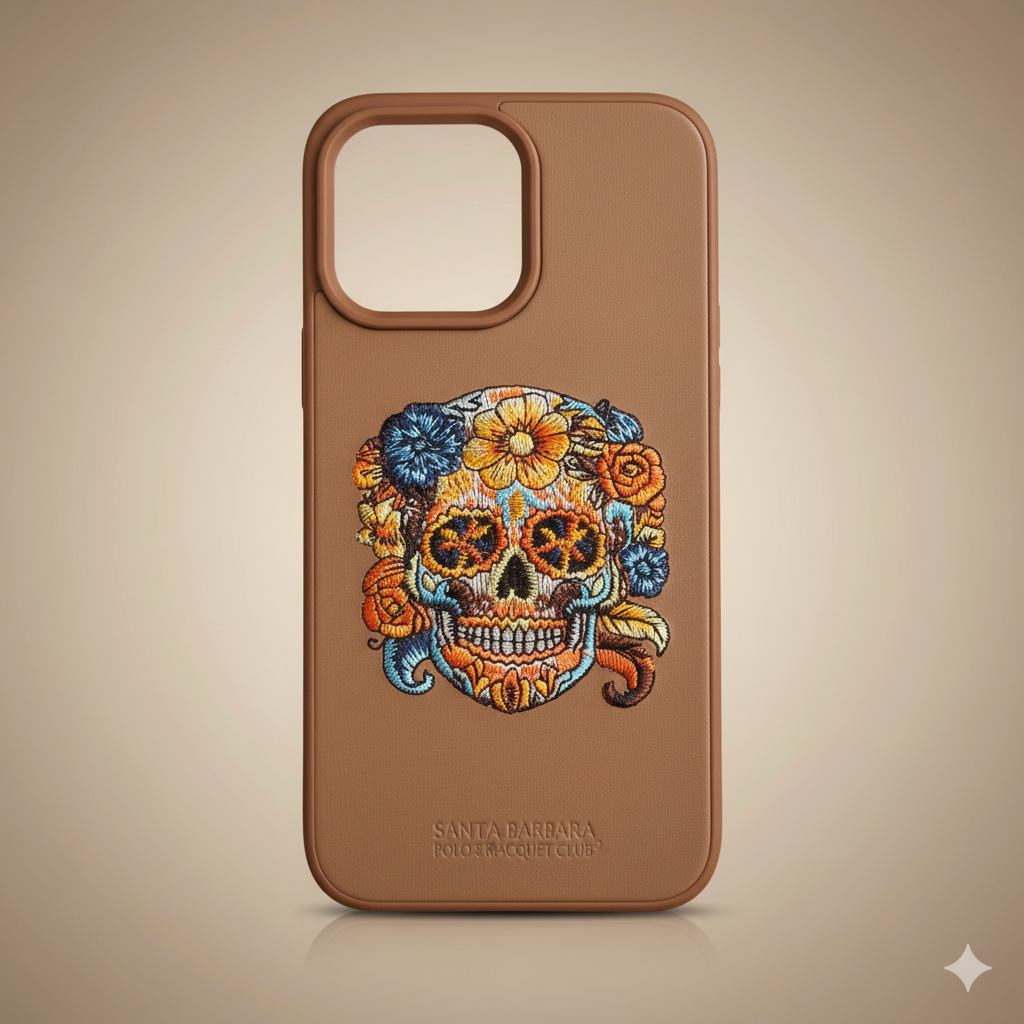 iPhone 13 Pro Premium Embroidered Skull Back Cover – Luxury Floral Design Case
