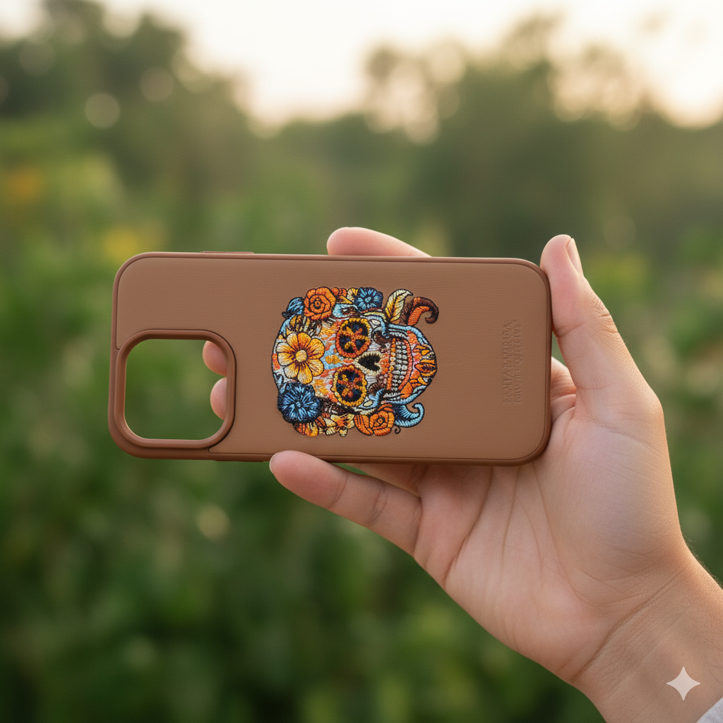 iPhone 13 Pro Premium Embroidered Skull Back Cover – Luxury Floral Design Case