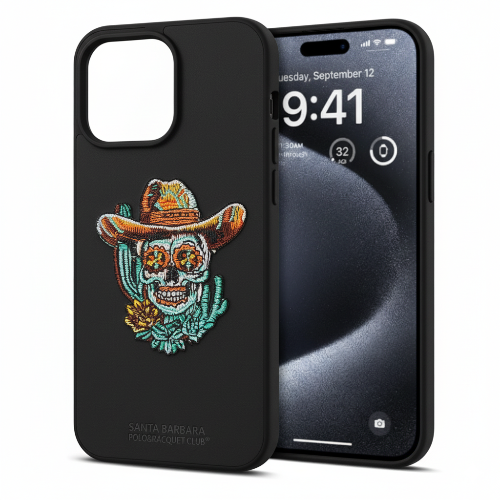 iPhone 15 Pro Cowboy Skull Embroidered Case – Luxury Leather Protective Cover