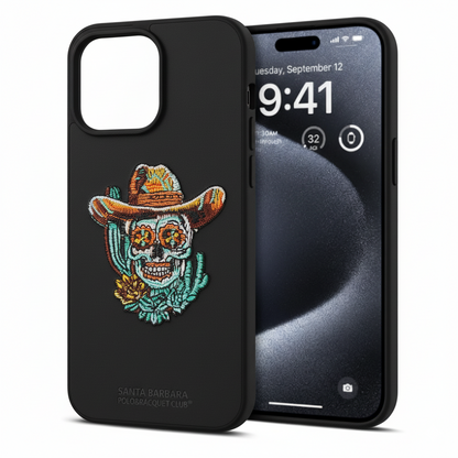 iPhone 15 Pro Cowboy Skull Embroidered Case – Luxury Leather Protective Cover