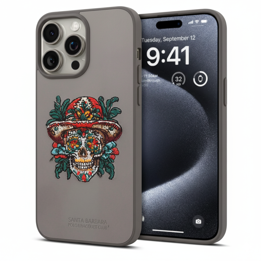 iPhone 15 Pro Skull Floral Embroidery Case – Stylish Leather Finish Back Cover