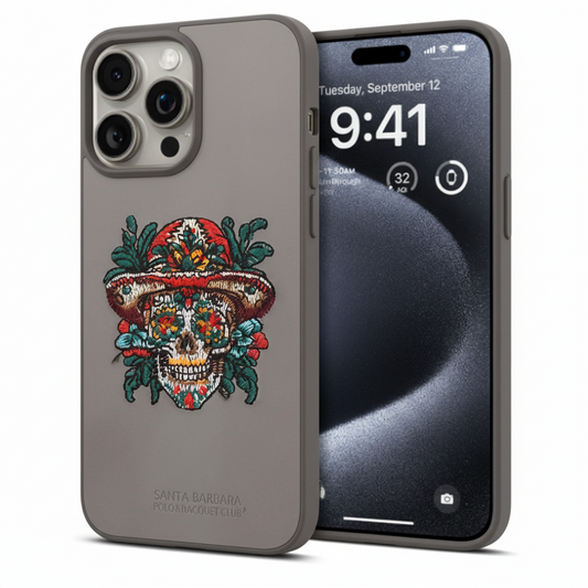 iPhone 15 Pro Skull Floral Embroidery Case – Stylish Leather Finish Back Cover