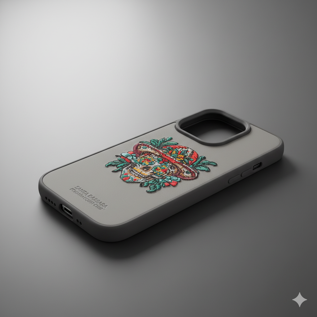 iPhone 15 Pro Skull Floral Embroidery Case – Stylish Leather Finish Back Cover