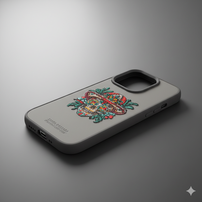 iPhone 15 Pro Skull Floral Embroidery Case – Stylish Leather Finish Back Cover