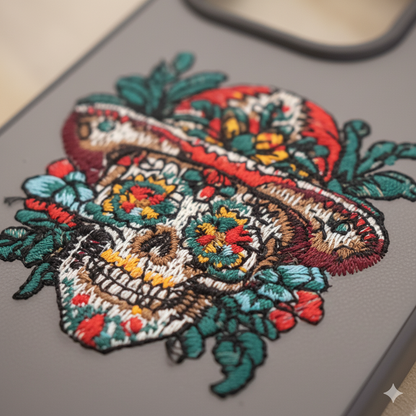 iPhone 15 Pro Skull Floral Embroidery Case – Stylish Leather Finish Back Cover