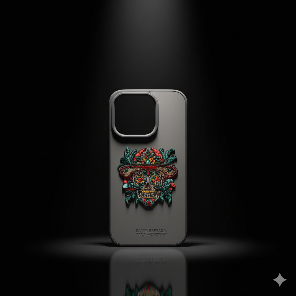 iPhone 15 Pro Skull Floral Embroidery Case – Stylish Leather Finish Back Cover