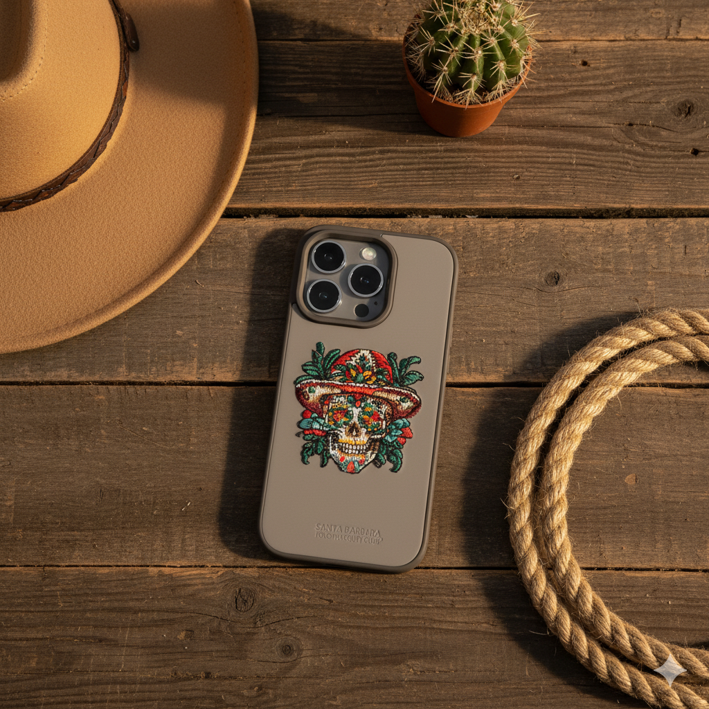 iPhone 15 Pro Skull Floral Embroidery Case – Stylish Leather Finish Back Cover