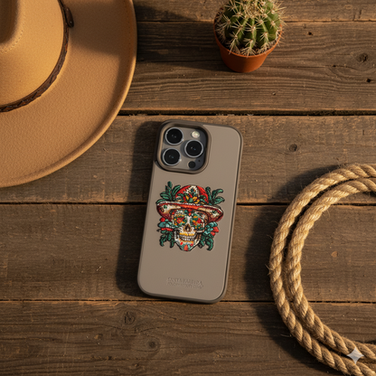 iPhone 15 Pro Skull Floral Embroidery Case – Stylish Leather Finish Back Cover