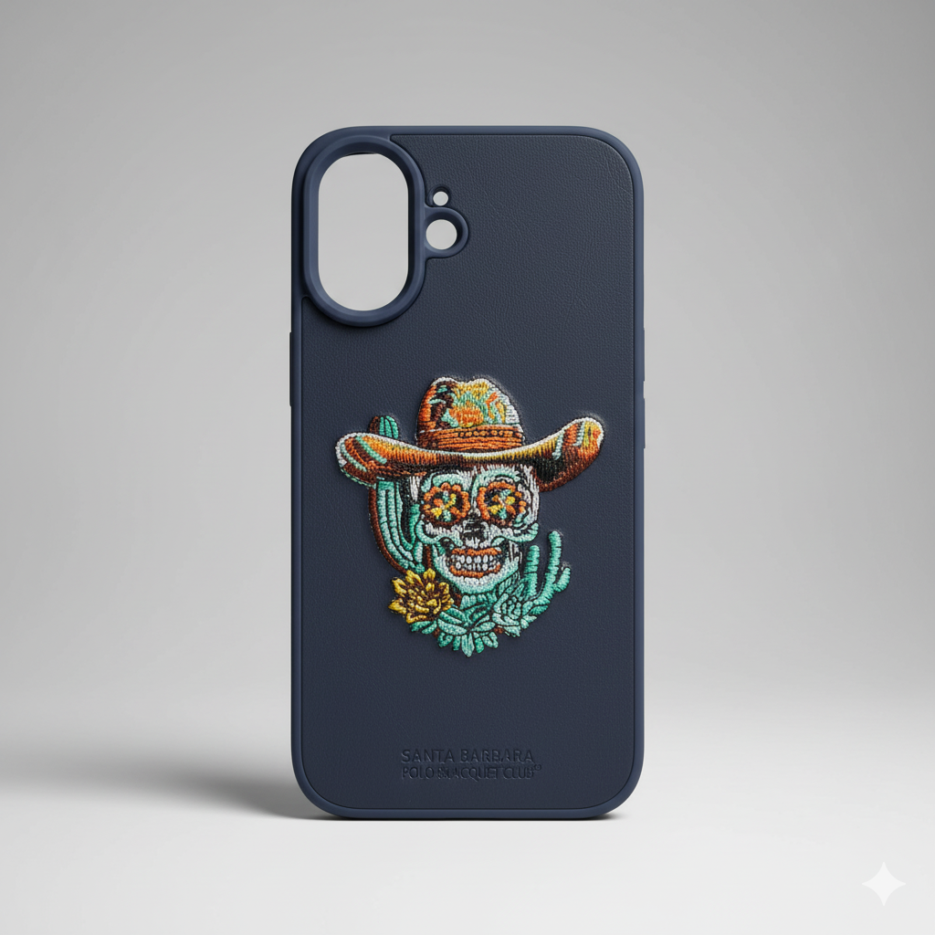iPhone 16 Premium Leather Case – 3D Cowboy Skull Embroidery Design | Shockproof & Stylish Cover