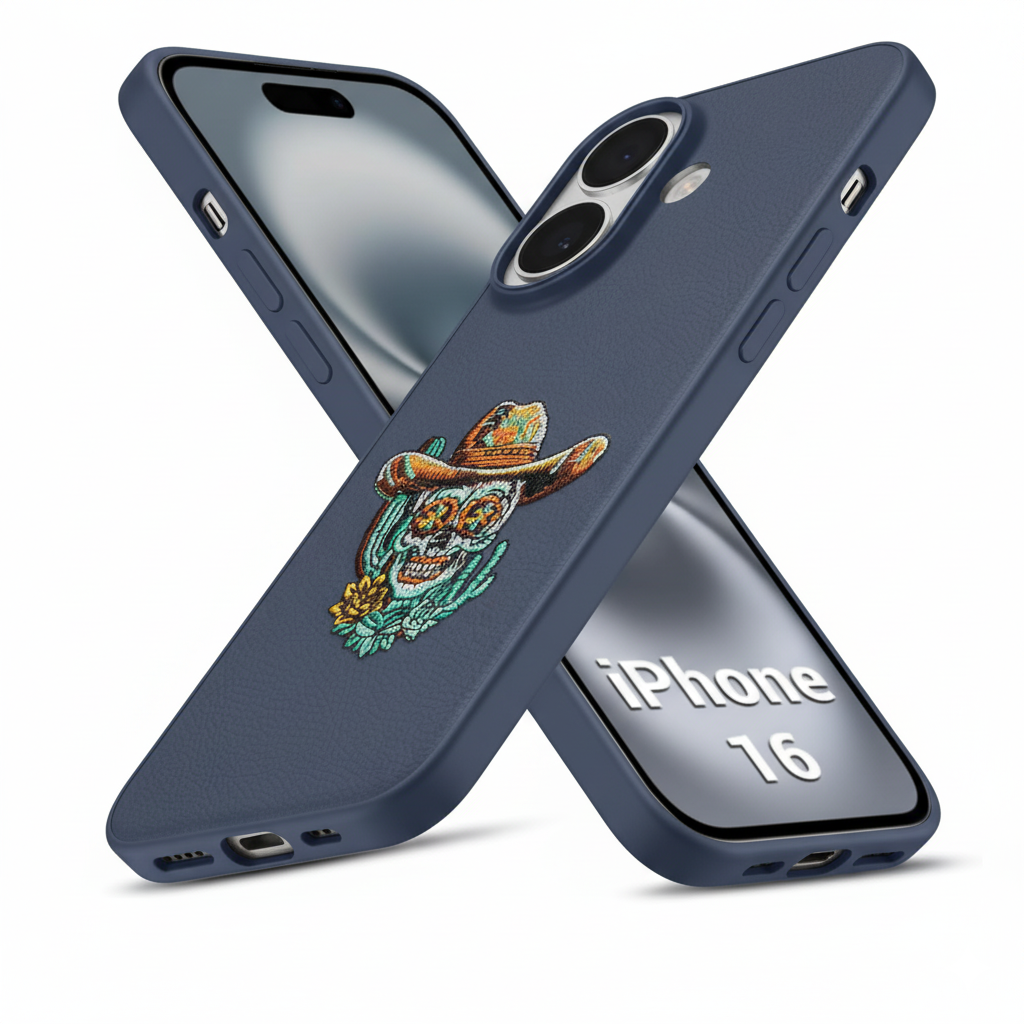 iPhone 16 Premium Leather Case – 3D Cowboy Skull Embroidery Design | Shockproof & Stylish Cover