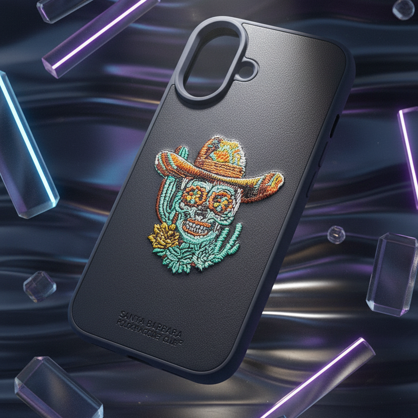 iPhone 16 Premium Leather Case – 3D Cowboy Skull Embroidery Design | Shockproof & Stylish Cover