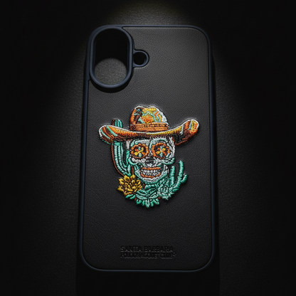 iPhone 16 Premium Leather Case – 3D Cowboy Skull Embroidery Design | Shockproof & Stylish Cover