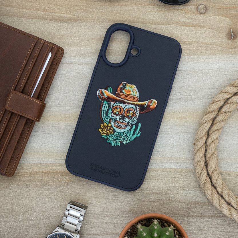 iPhone 16 Premium Leather Case – 3D Cowboy Skull Embroidery Design | Shockproof & Stylish Cover