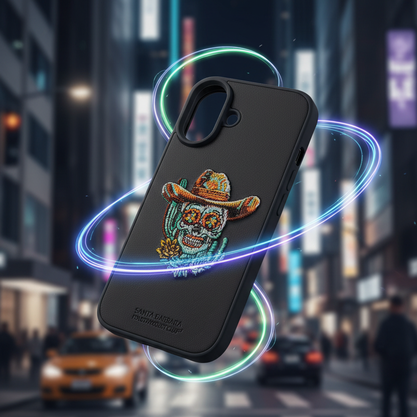 iPhone 16 Premium Leather Case – 3D Cowboy Skull Embroidery Design | Shockproof & Stylish Cover