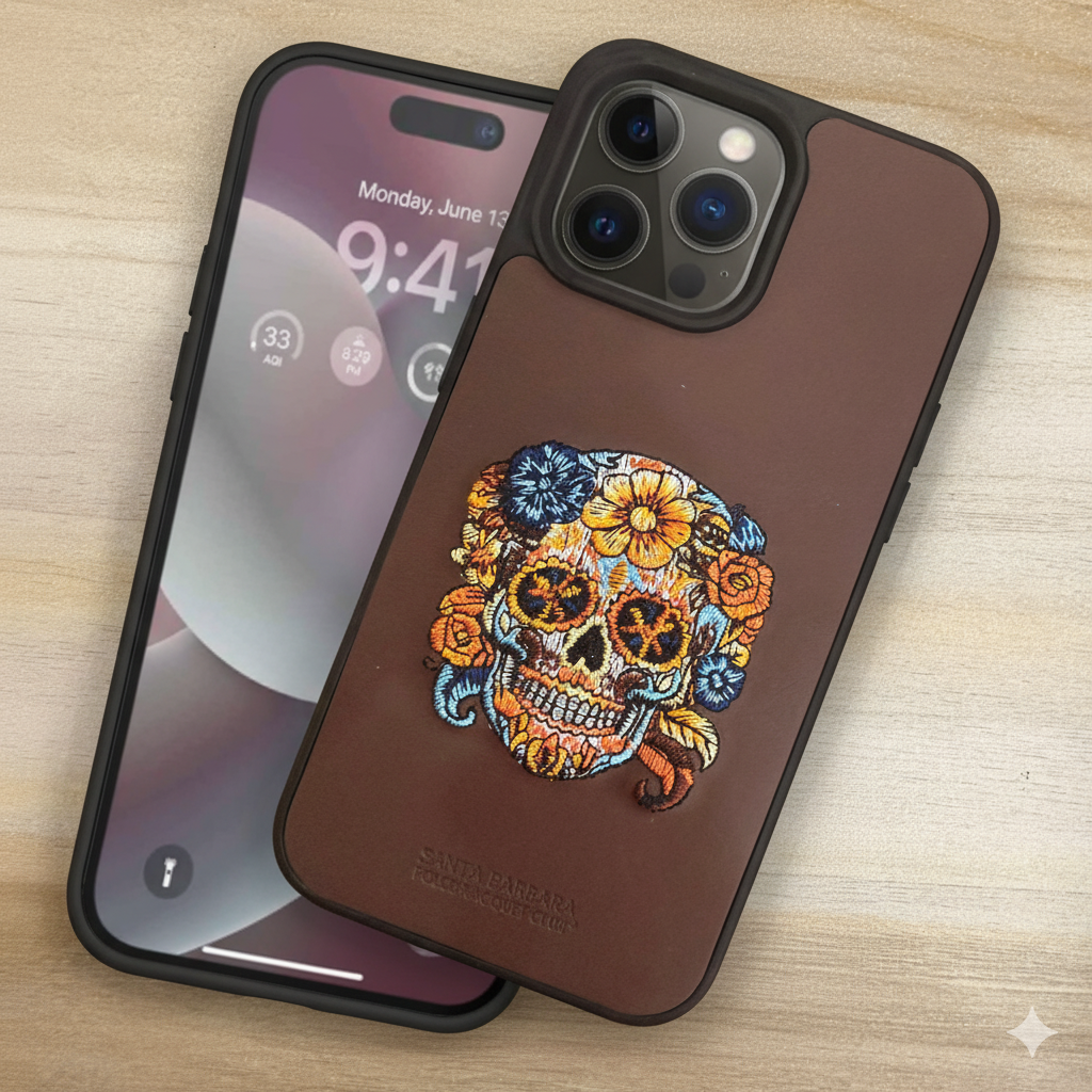 iPhone 14 Pro Max Premium Leather Case with Embroidered Skull Design | Luxury Shockproof Cover