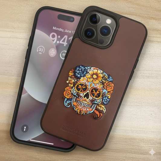 iPhone 14 Pro Max Premium Leather Case with Embroidered Skull Design | Luxury Shockproof Cover