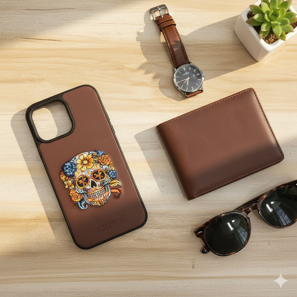 iPhone 14 Pro Max Premium Leather Case with Embroidered Skull Design | Luxury Shockproof Cover