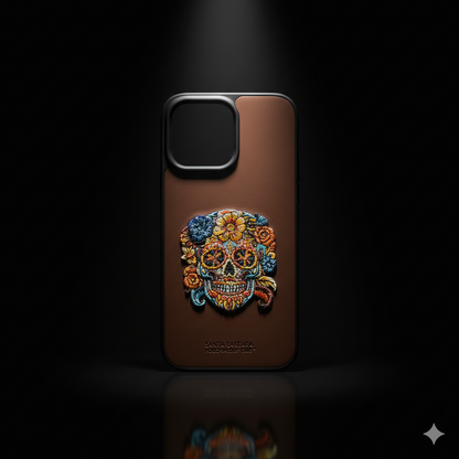 iPhone 14 Pro Max Premium Leather Case with Embroidered Skull Design | Luxury Shockproof Cover