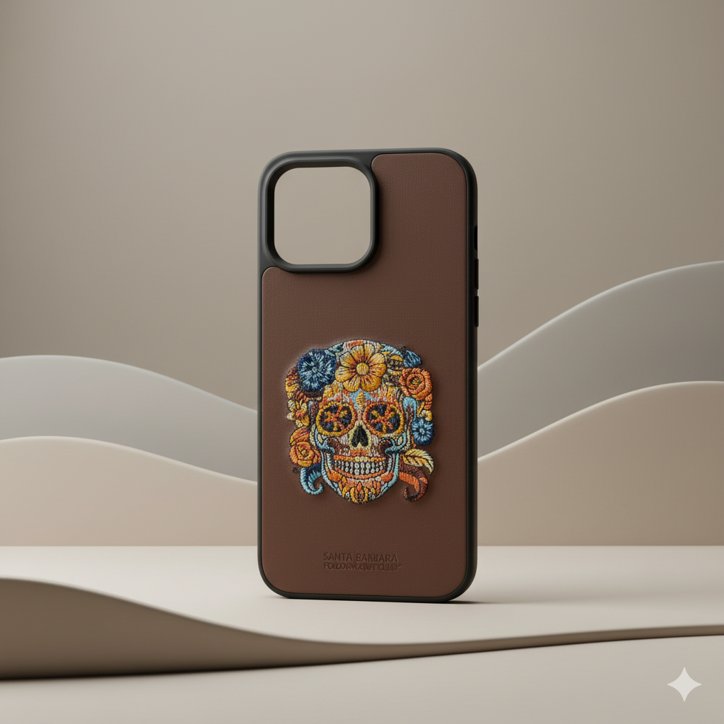 iPhone 14 Pro Max Premium Leather Case with Embroidered Skull Design | Luxury Shockproof Cover